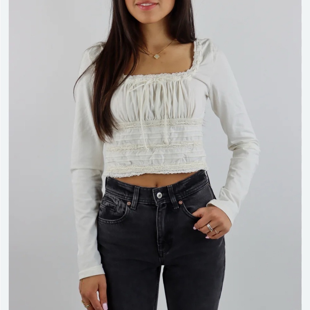 Free People White Boho Peasant Top Lace Trim Long Sleeve Crop Blouse Romantic S